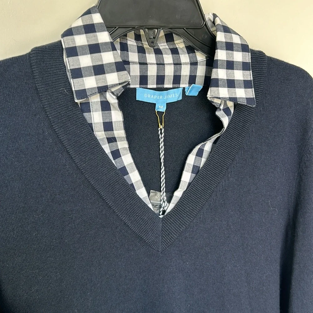 DRAPER JAMES Wool and Cotton Combo Sweaterdress in Navy Blue White Checkered - Picture 4 of 10